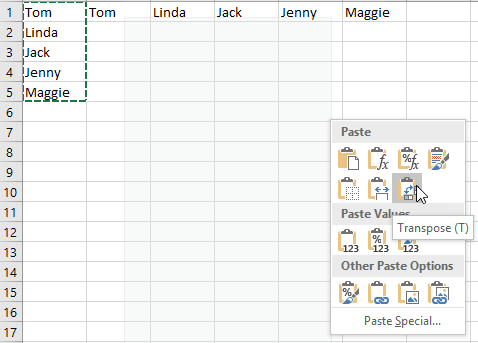 Excel transposing text transpose